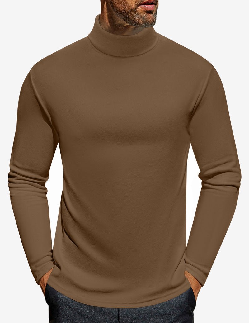 Men's turtleneck long sleeve shirt, brown, fitted jersey knit