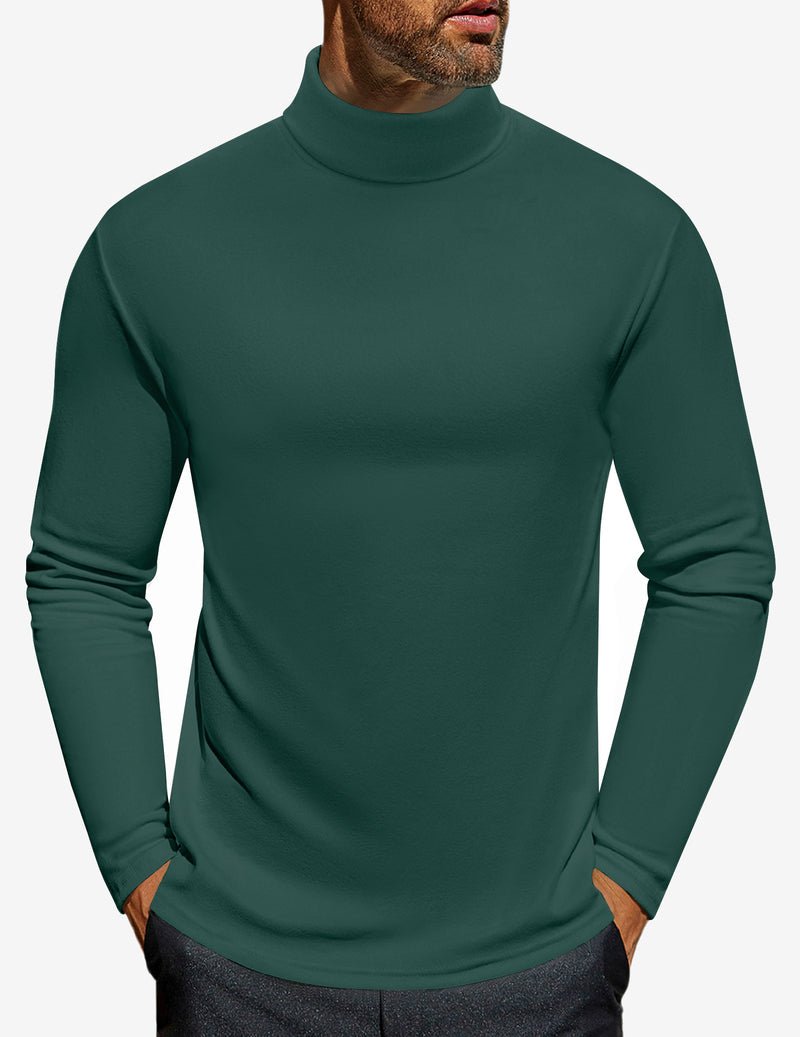 Men's turtleneck long sleeve shirt, deep green, fitted jersey knit