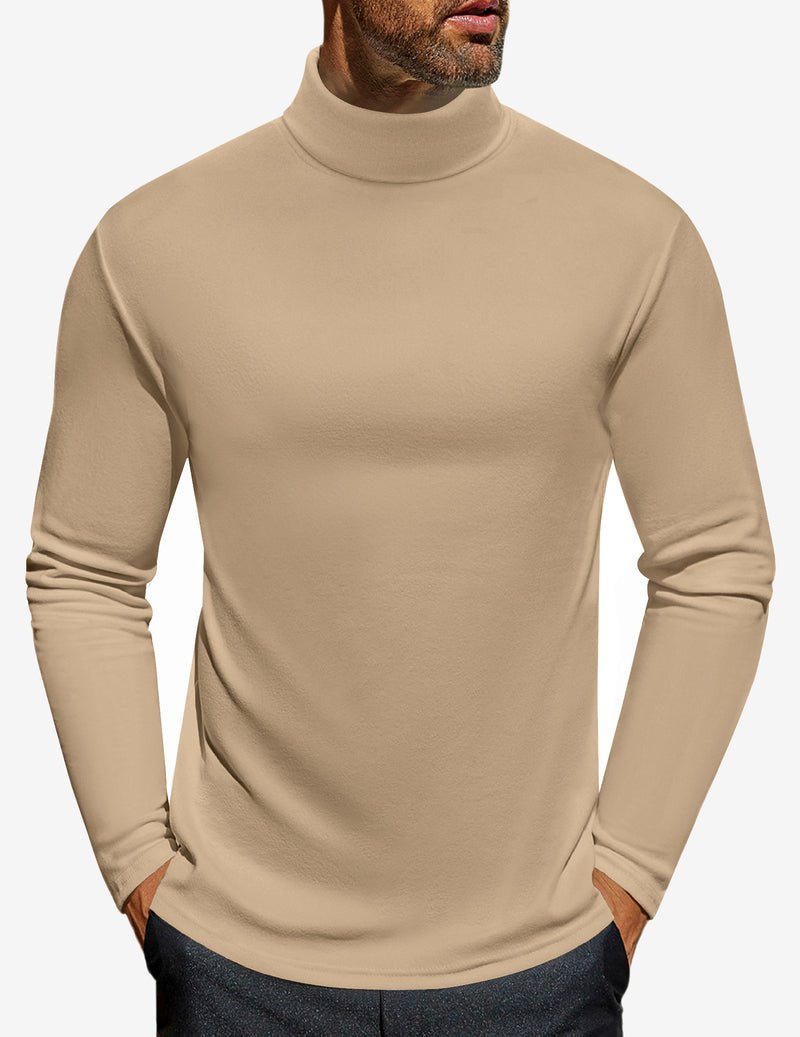 Men's turtleneck long sleeve shirt, khaki/beige, fitted jersey knit