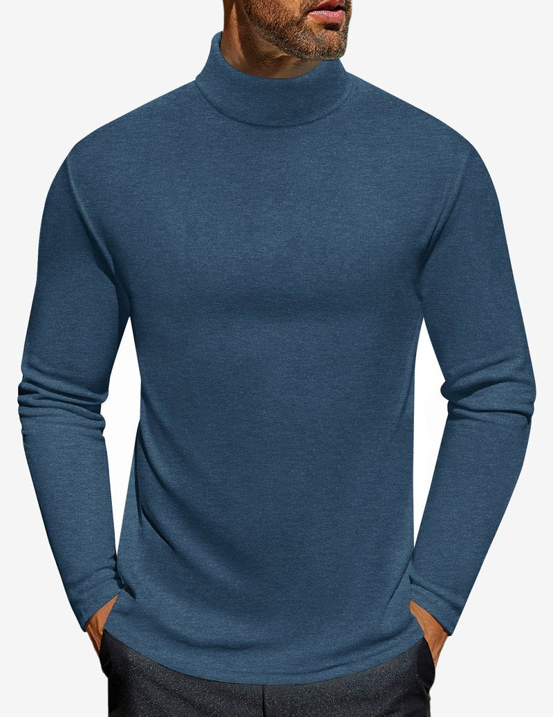 Men's turtleneck long sleeve shirt, blue, fitted jersey knit