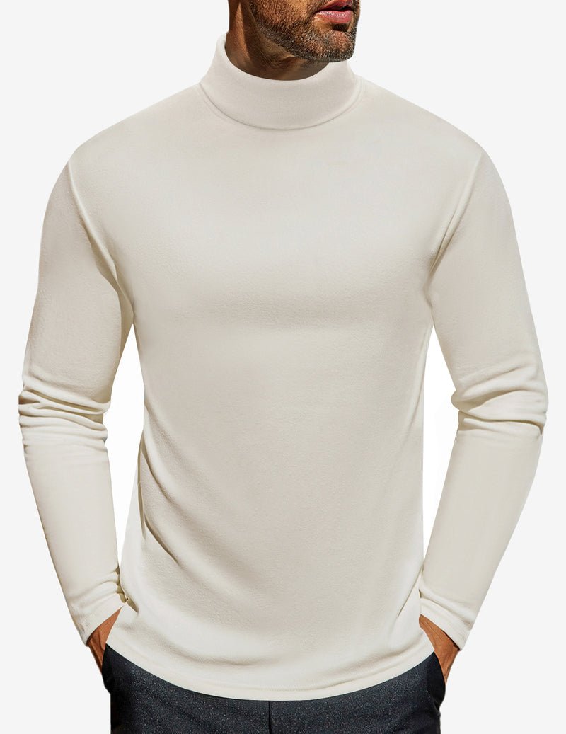 Men's turtleneck long sleeve shirt, light beige/white, fitted jersey knit