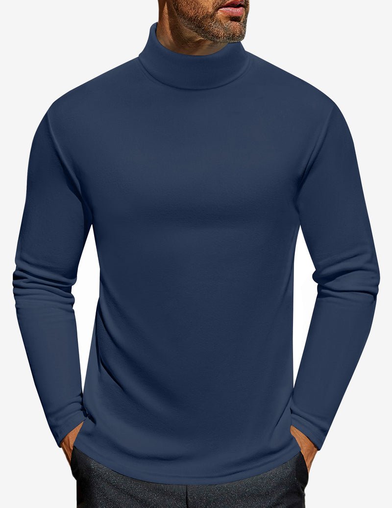 Men's turtleneck long sleeve shirt, navy blue, fitted jersey knit