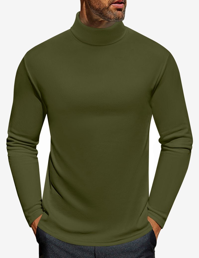 Men's turtleneck long sleeve shirt, olive green, fitted jersey knit