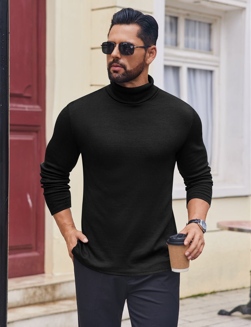 Men’s ribbed lightweight turtleneck sweater, black, long sleeves