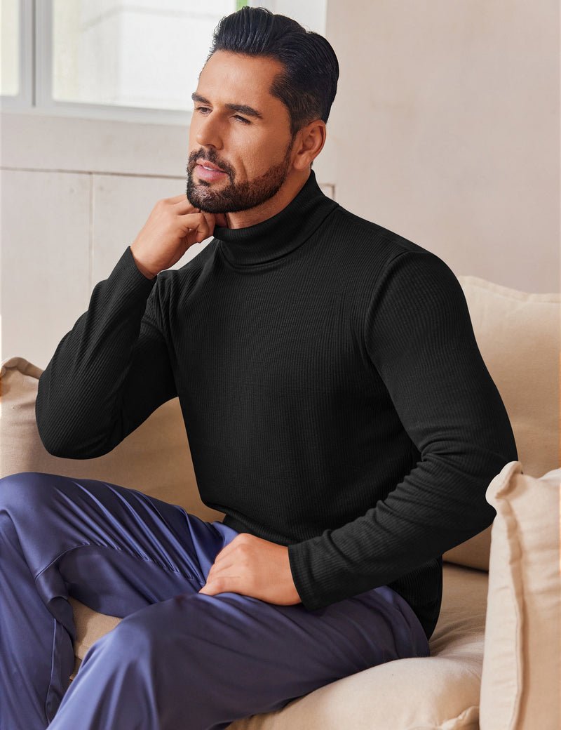 Men’s ribbed lightweight turtleneck sweater, black, standing side view