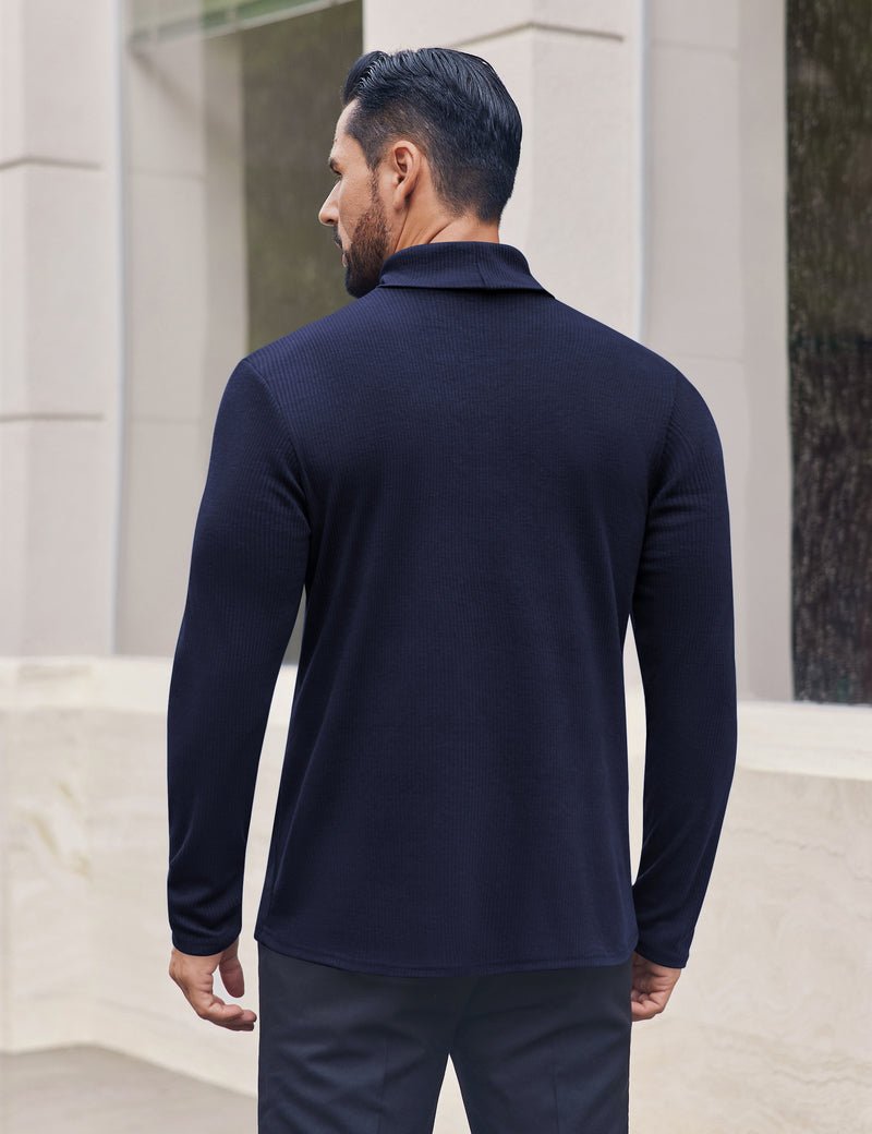 Men’s ribbed lightweight turtleneck sweater, navy, back view