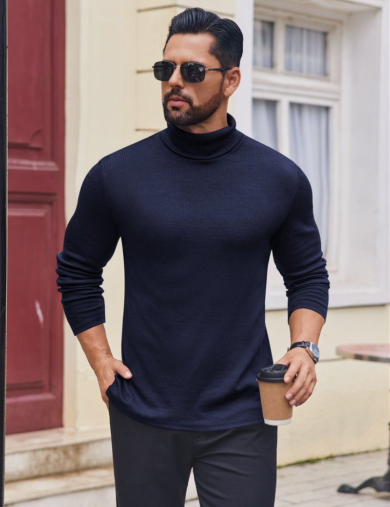 Men’s ribbed lightweight turtleneck sweater, navy, front view