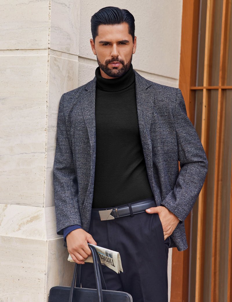 Men’s ribbed lightweight turtleneck sweater, black, close front view