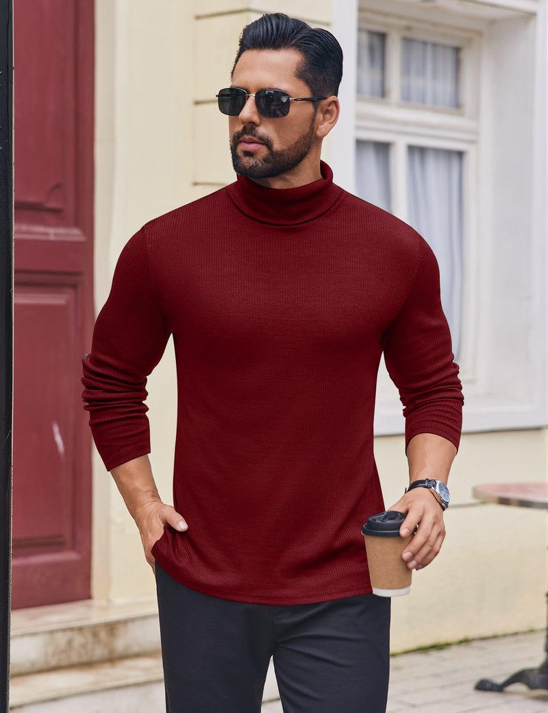 Men’s ribbed lightweight turtleneck sweater, dark red, long sleeves
