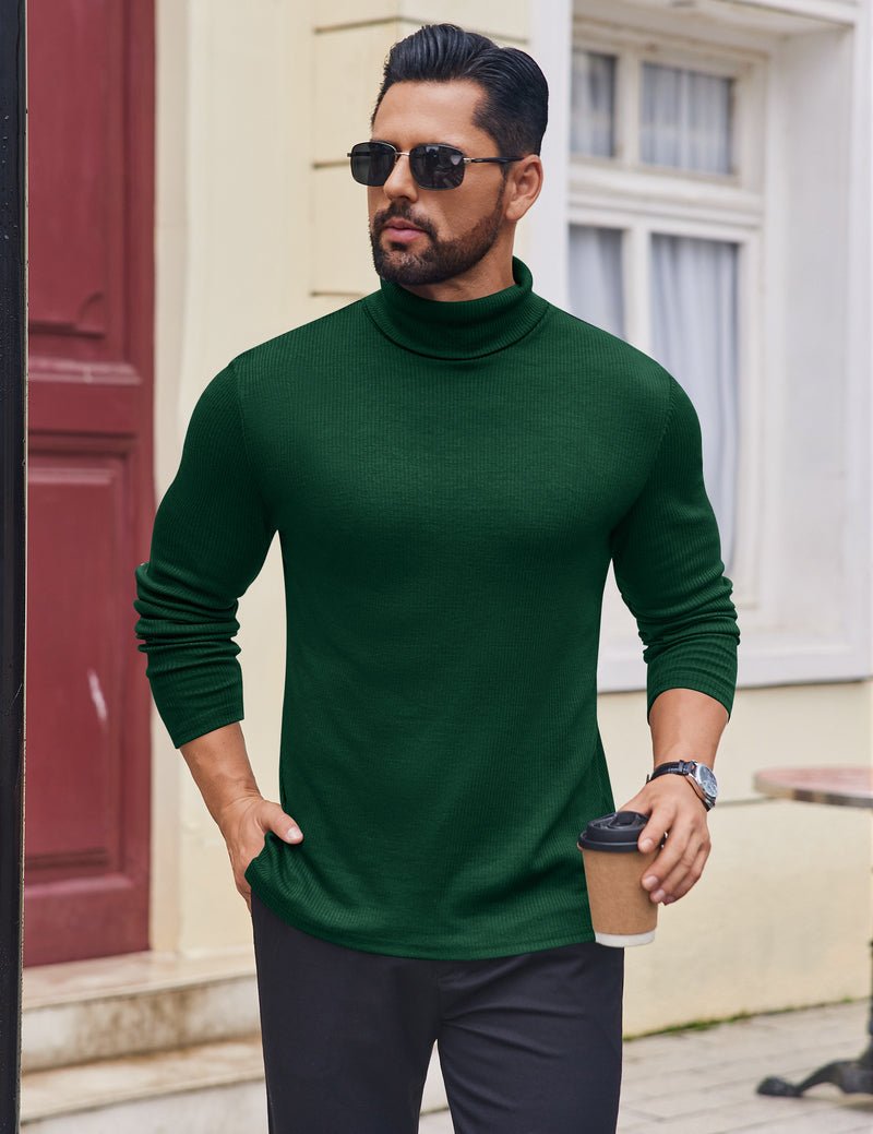 Men’s ribbed lightweight turtleneck sweater, green, long sleeves