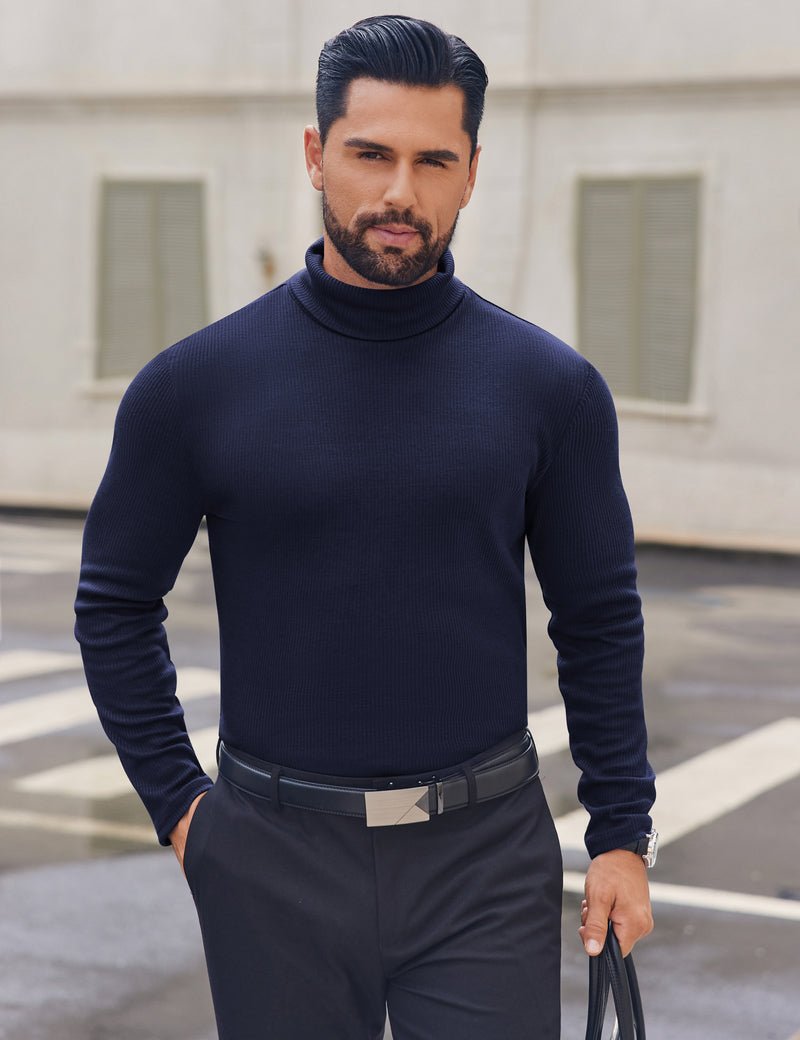 Men’s ribbed lightweight turtleneck sweater, navy, long sleeves