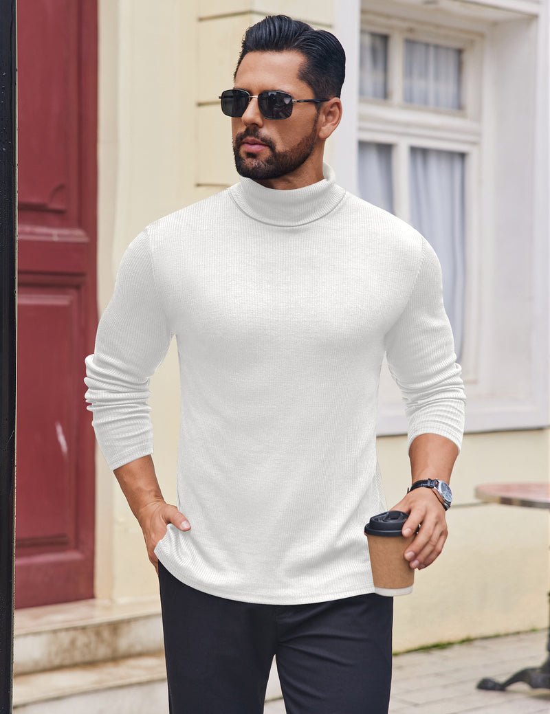 Men’s ribbed lightweight turtleneck sweater, white, long sleeves