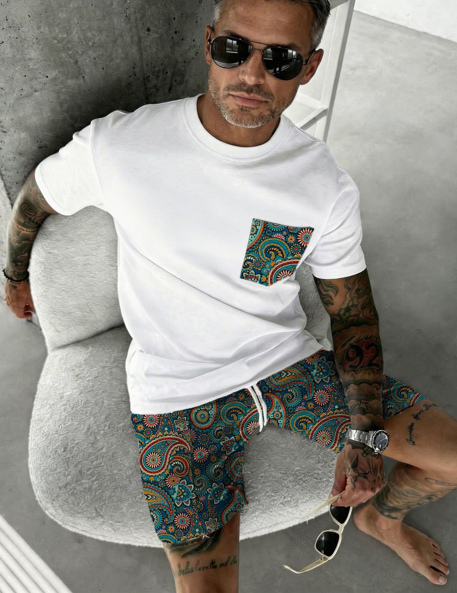 Men's white paisley pocket tee and shorts set, teal paisley print
