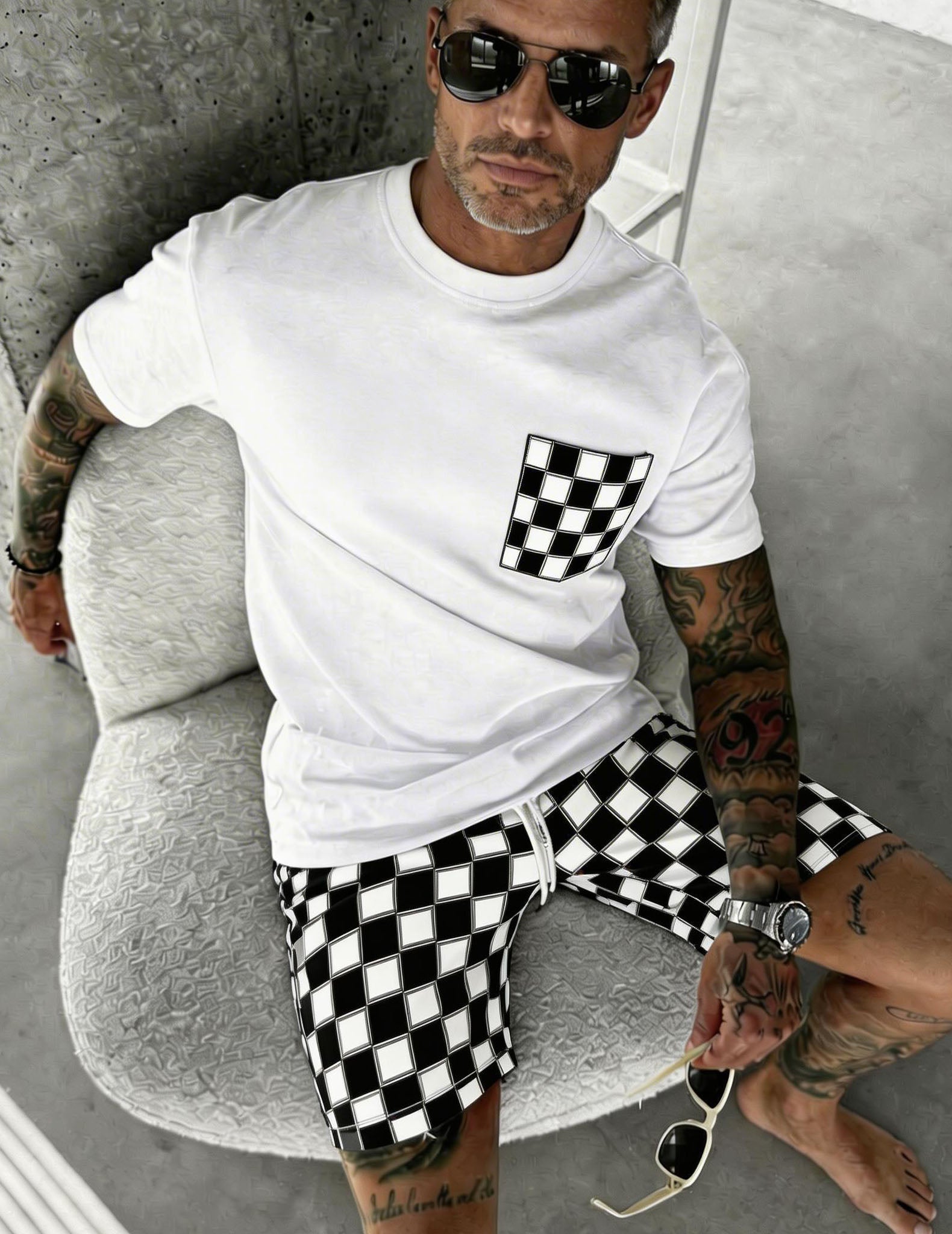 Men's printed pocket tee and shorts set with checker pocket and checkerboard shorts