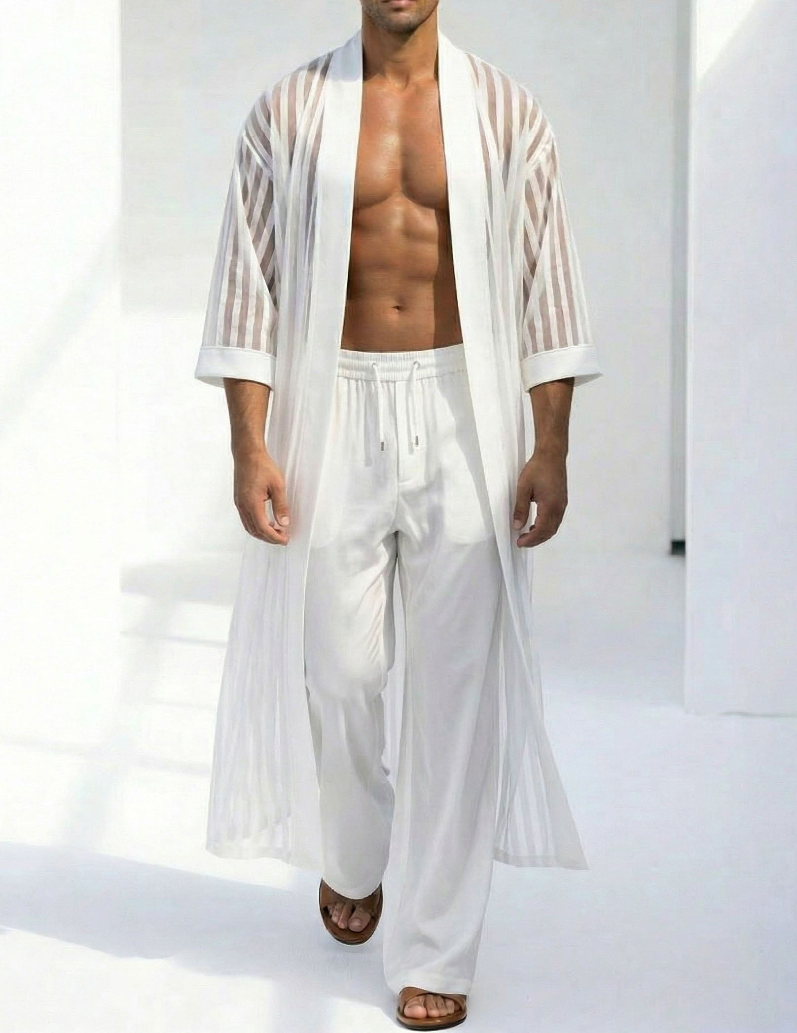 Men's sheer striped kimono robe and pants set with half sleeves and drawstring pants