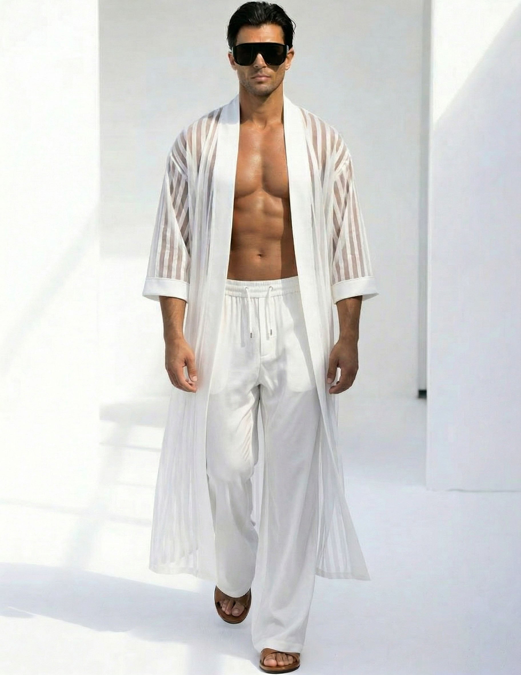 Men's sheer striped kimono robe and pants set, long robe over white pants