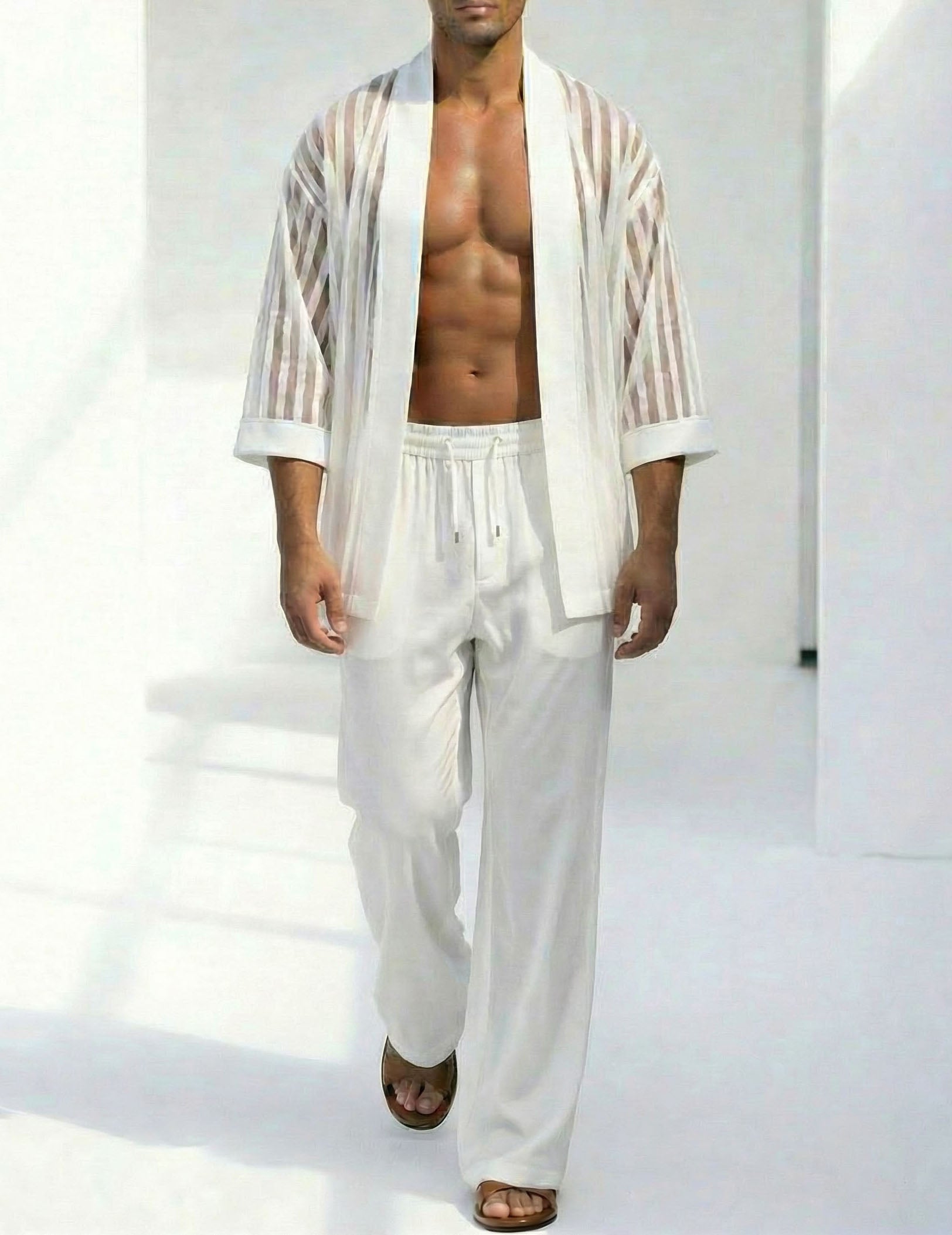 White sheer striped kimono robe and loose drawstring pants set, front view