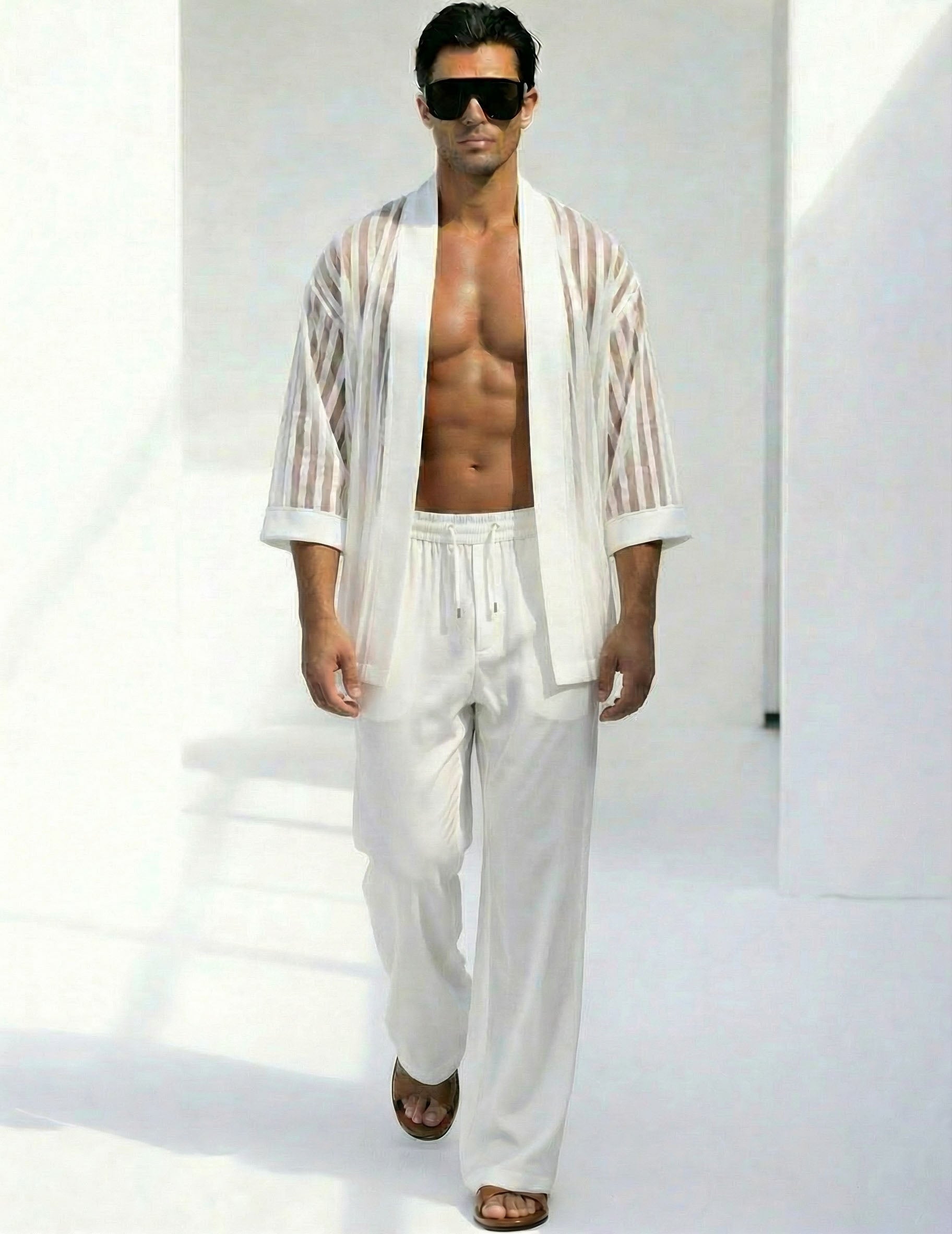 White sheer striped short kimono robe and drawstring pants set, open front