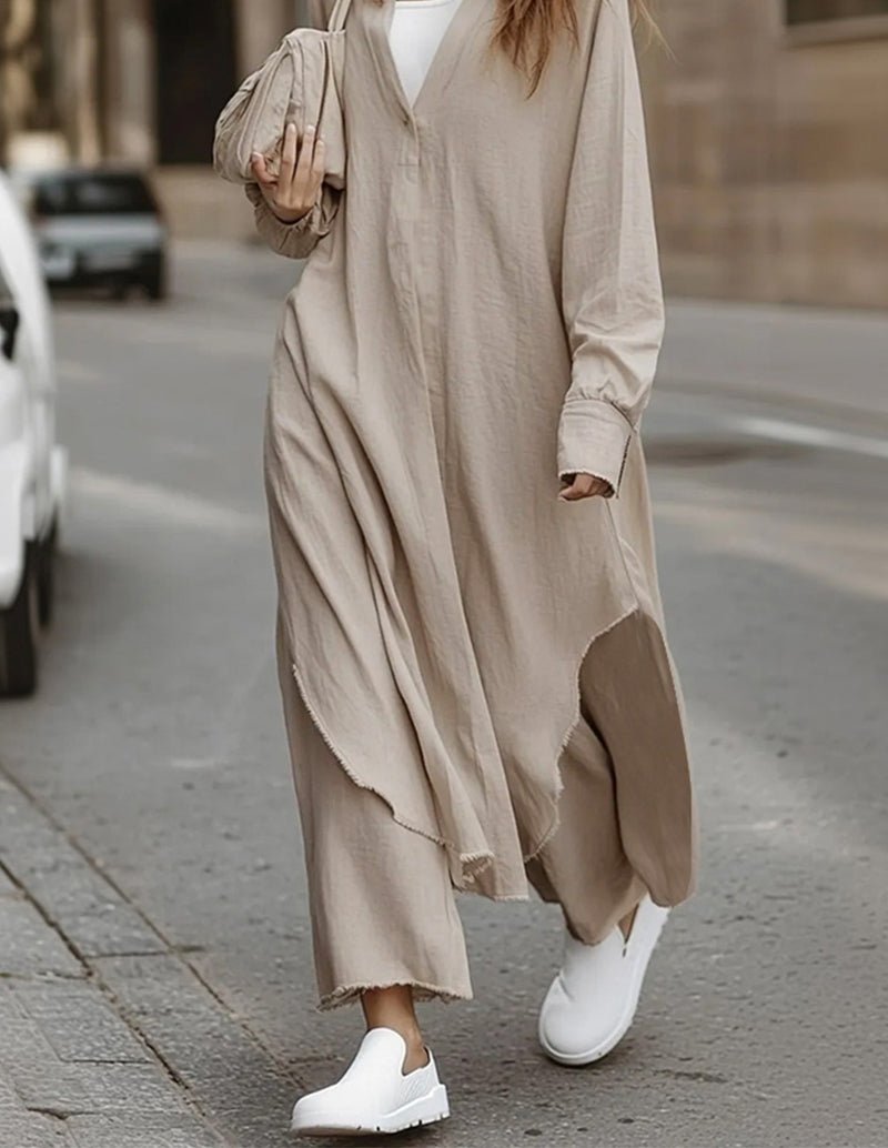 Beige cotton lounge set with long tunic and loose wide-leg pants