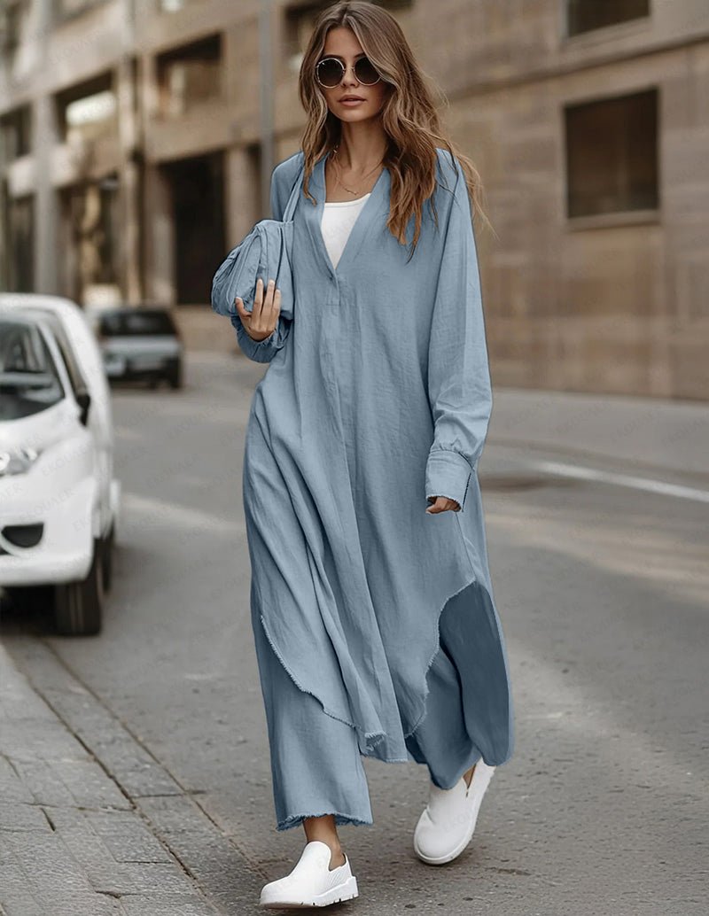 Blue cotton lounge set with long oversized tunic and wide-leg pants