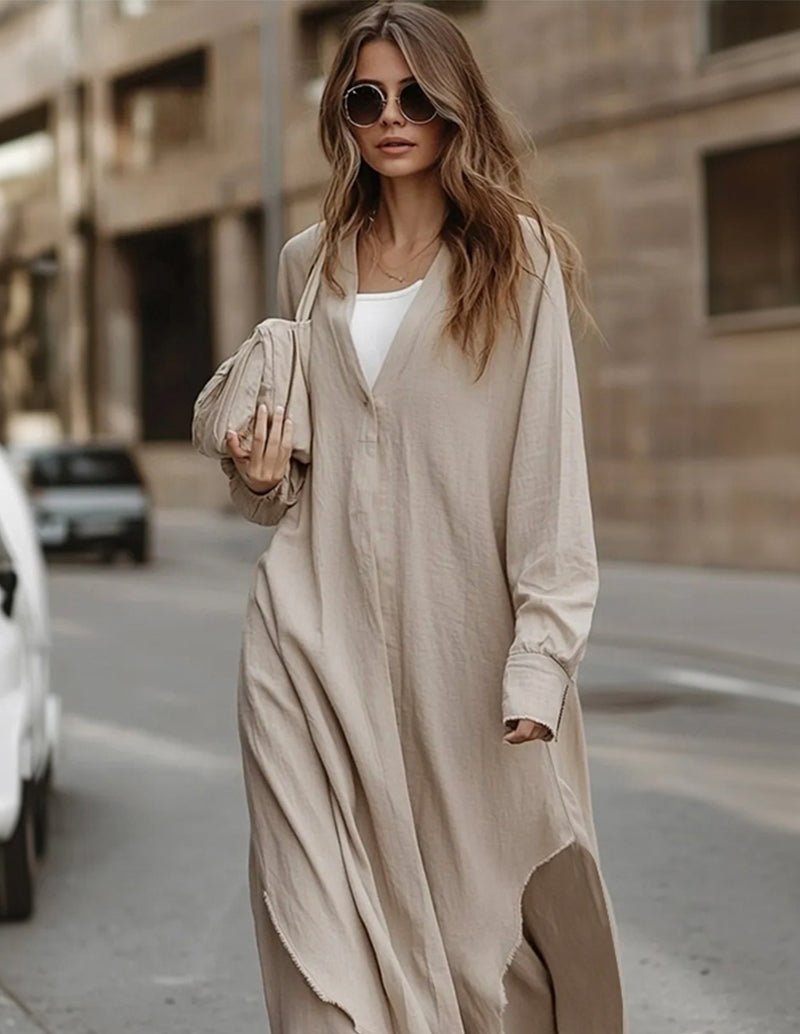 Light beige cotton lounge set with long tunic and wide-leg trousers
