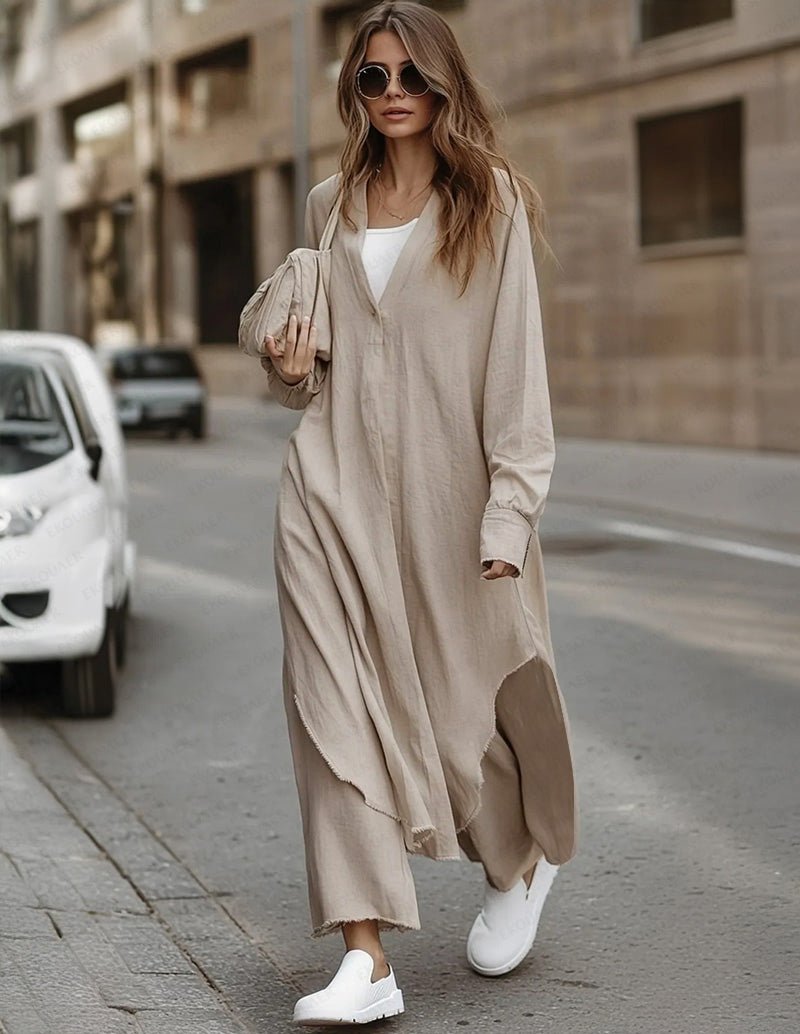Beige cotton lounge set with long oversized tunic and wide-leg pants