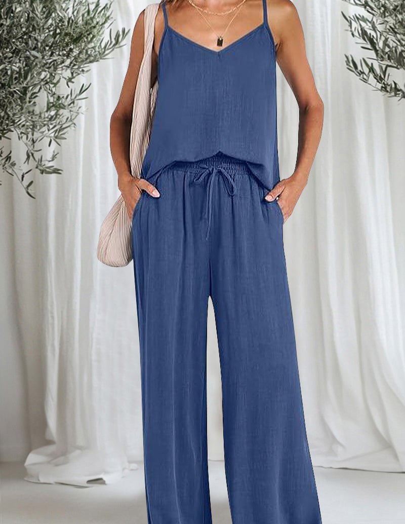 Blue cotton lounge set close view: camisole and wide-leg pants with tiered detail