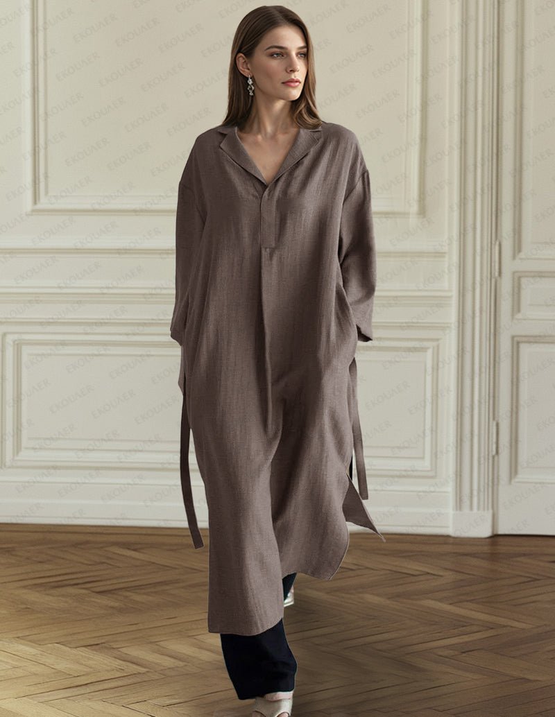 Cotton belted nightgown, dark coffee brown, V-neck collar, three-quarter sleeves