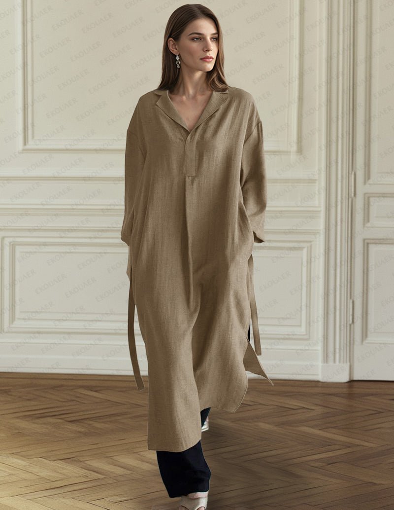 Cotton belted nightgown, khaki-beige, V-neck collar, three-quarter sleeves