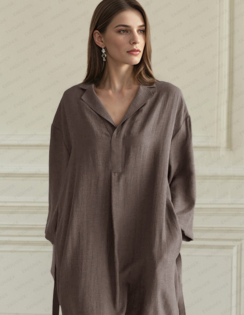 Cotton belted nightgown, dark coffee brown, V-neck collar, button front, three-quarter sleeves