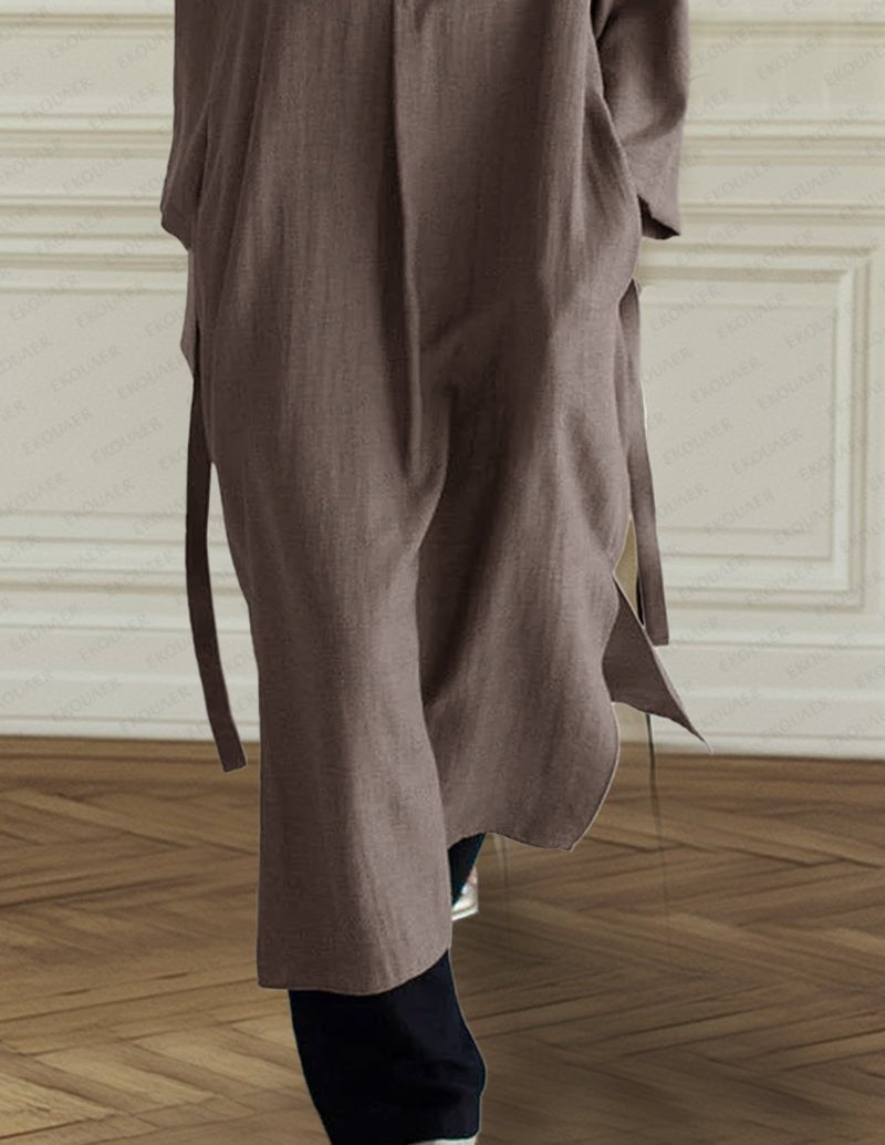 Cotton belted nightgown, dark brown, side slit hem, belt tie at waist