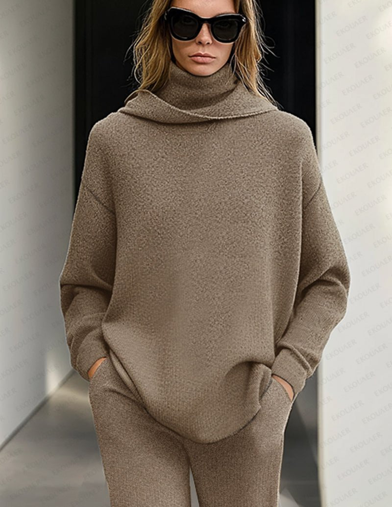 Khaki knit turtleneck lounge top and matching jogger pants, folded cuffs