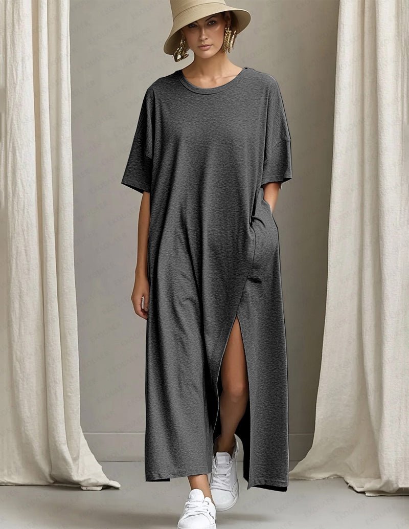 Dark gray maxi dress with short sleeves, crew neck, side slit and side pocket