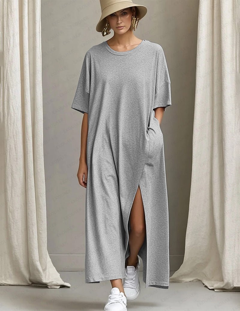 Light gray maxi dress with short sleeves, crew neck, side slit and side pocket