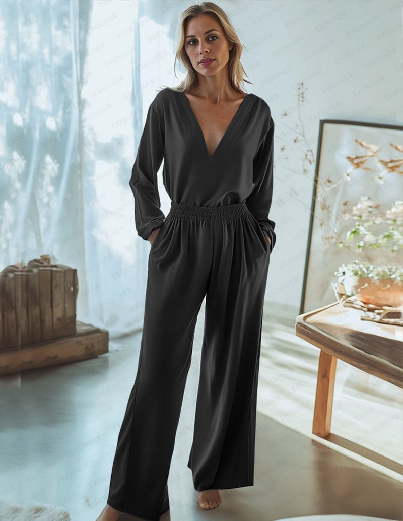 Black satin silk pajama set with V-neck long sleeves, elastic waist, wide-leg pants