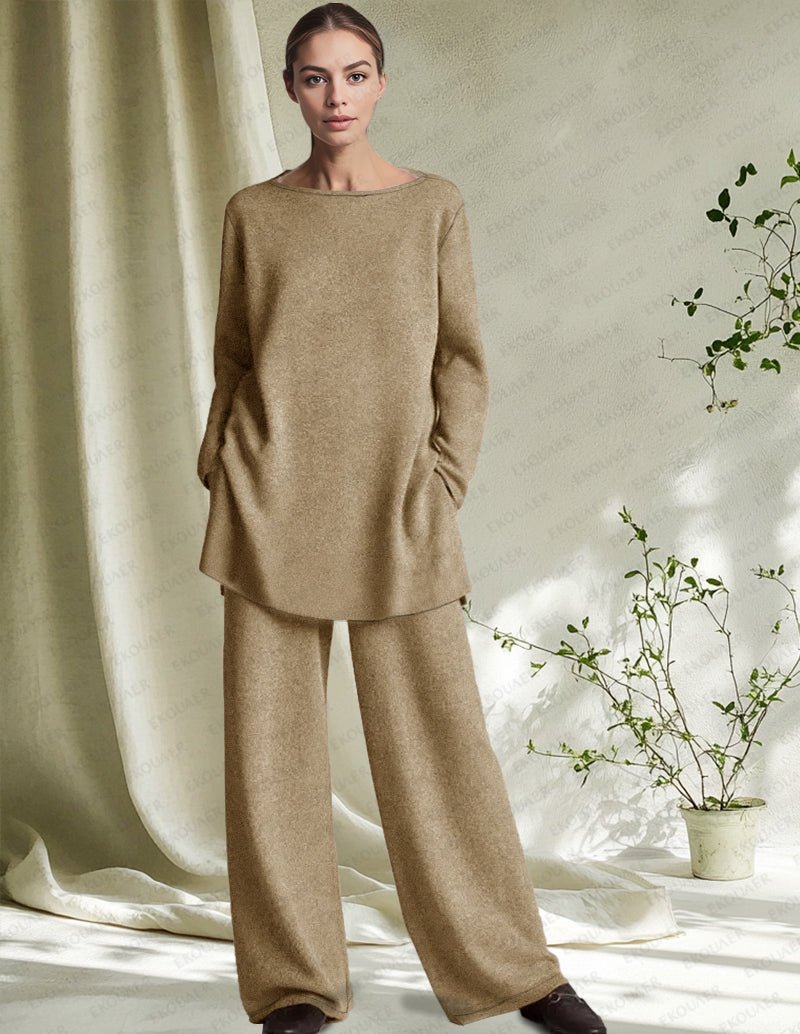 Khaki 2-piece loungewear set with long-sleeve top and wide-leg pants