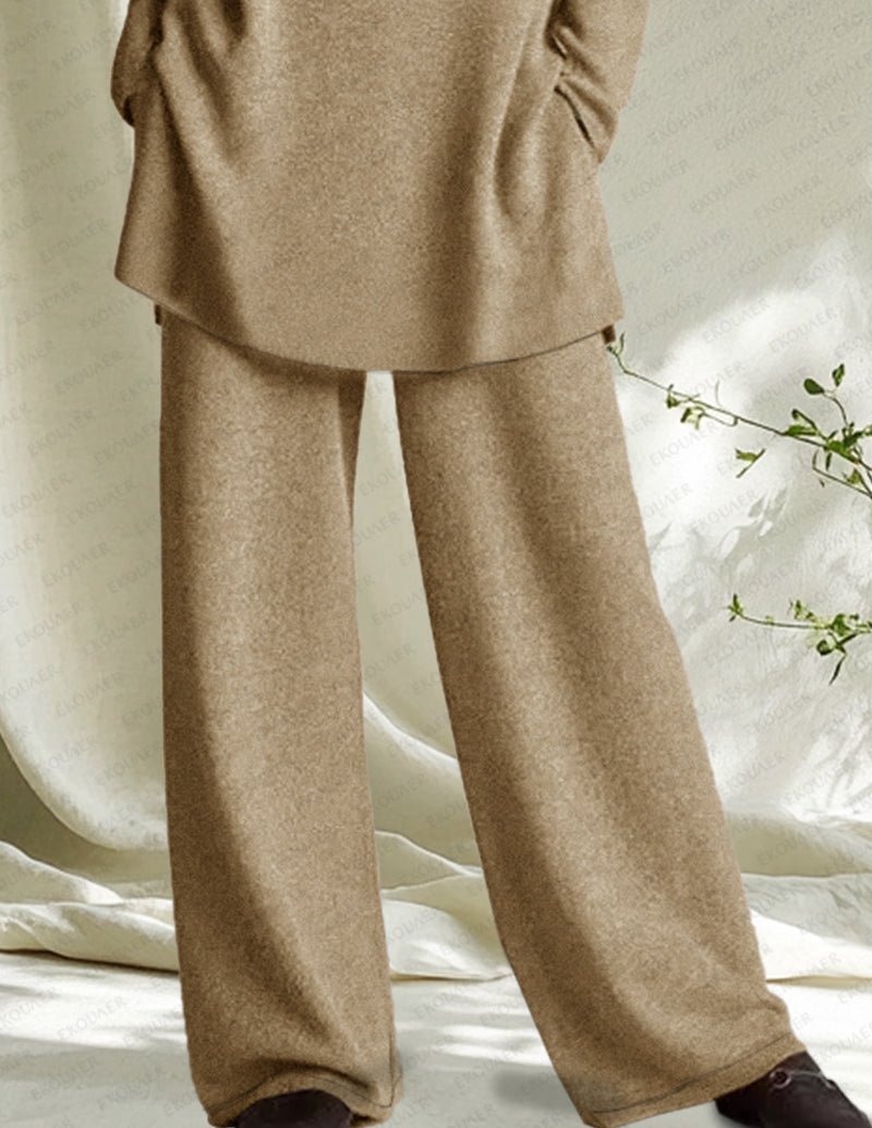 Khaki wide-leg loungewear pants, soft knit, relaxed fit