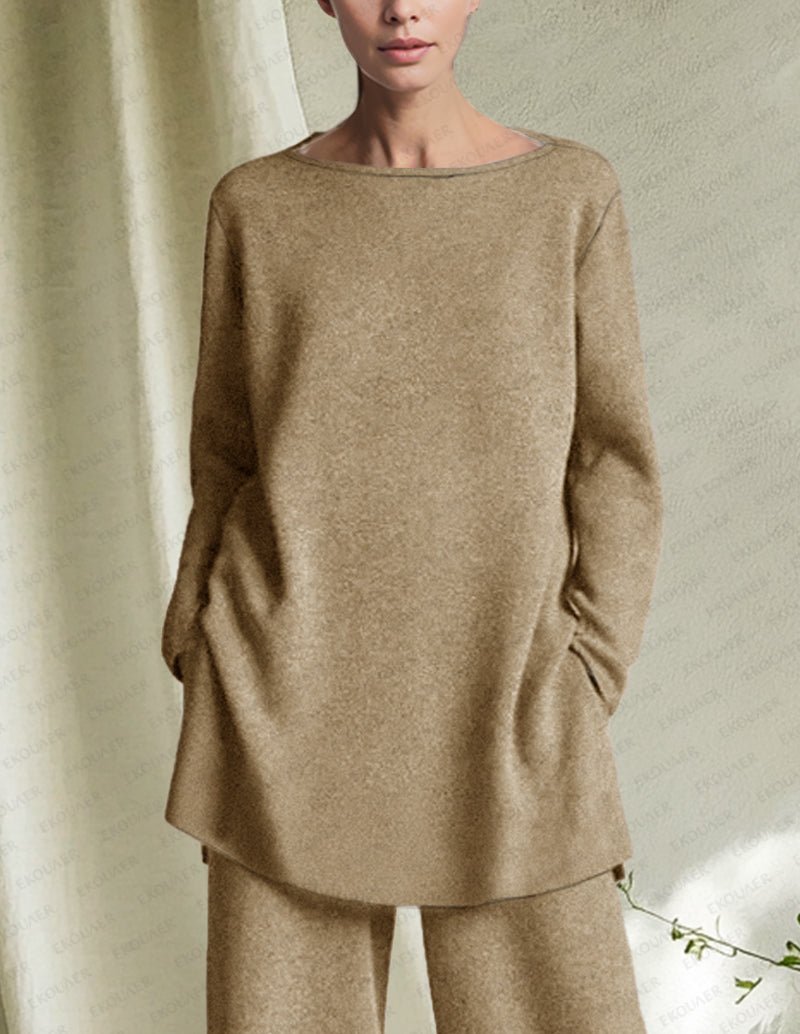 Khaki 2-piece loungewear set with long-sleeve sweatshirt-style top and pants