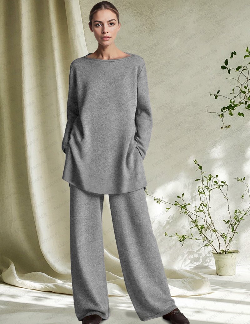 Light grey 2-piece loungewear set with long-sleeve top and wide-leg pants