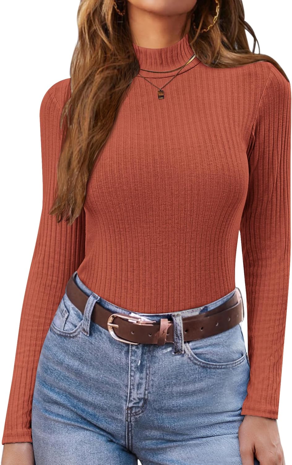 Ribbed mock turtleneck long-sleeve knit top, dusty pink