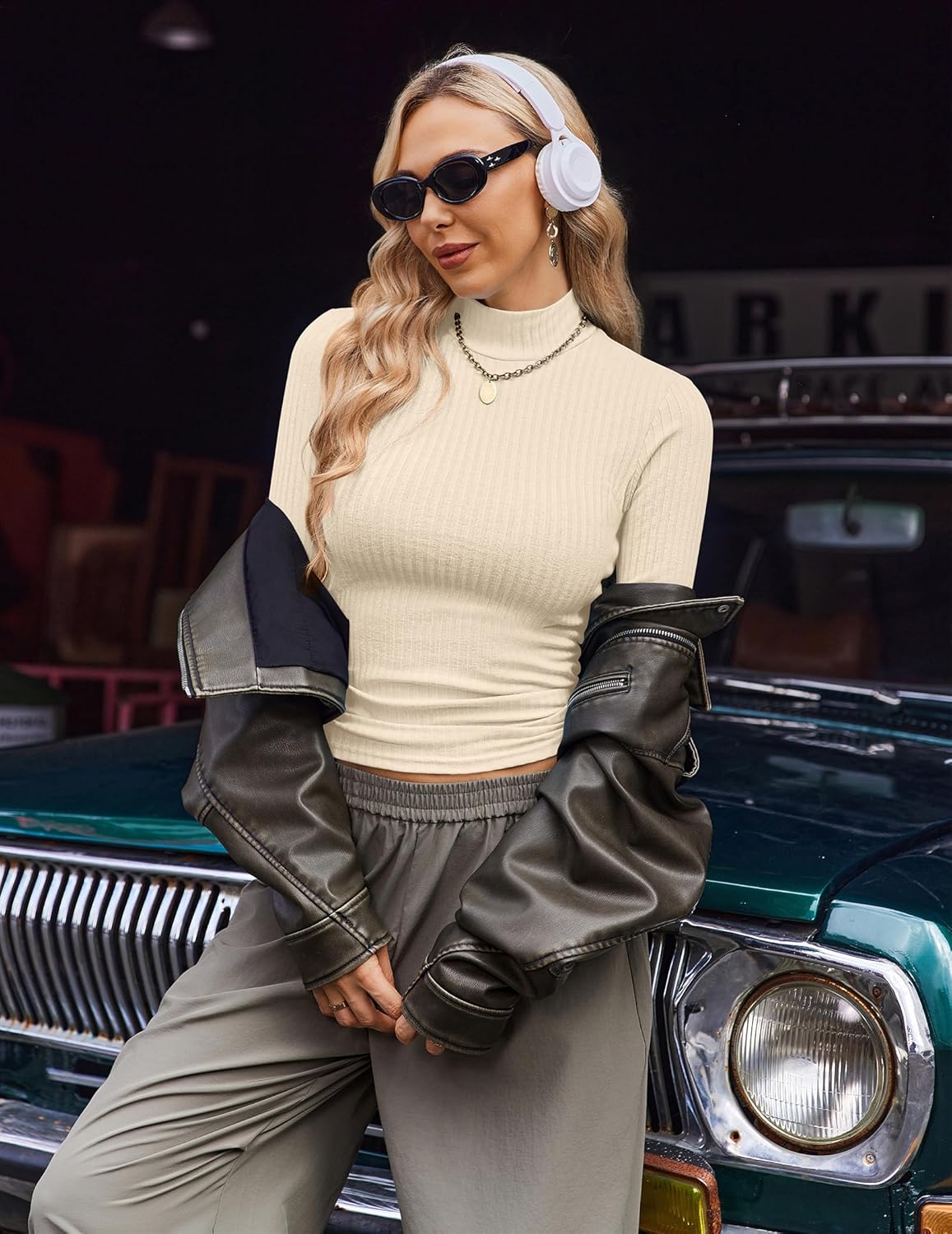 Cream beige ribbed mock turtleneck long sleeve knit top