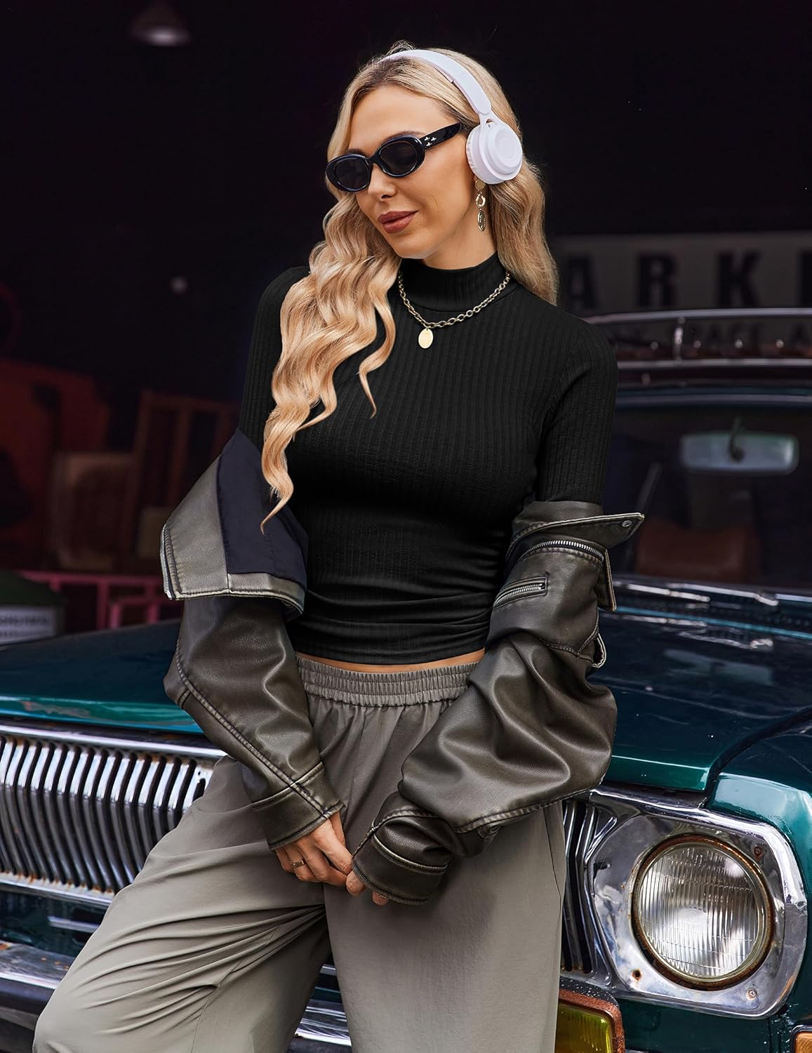 Mock turtleneck ribbed knit long-sleeve top in dark black