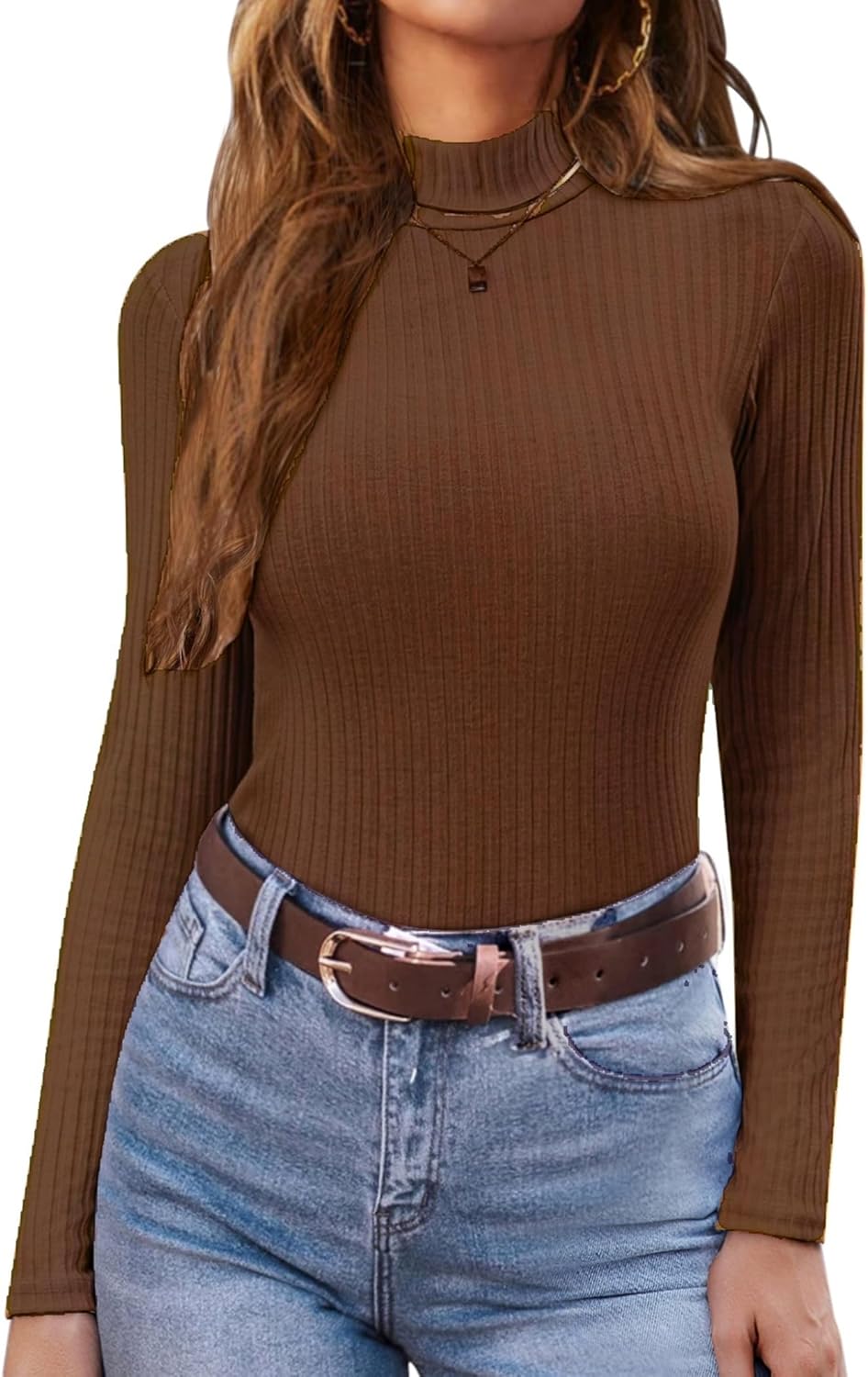 Mock turtleneck ribbed knit long-sleeve top in brown
