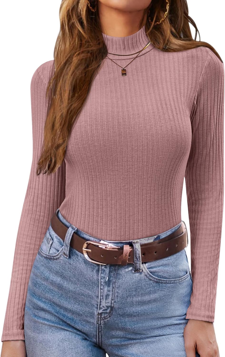 Mock-Turtleneck Longsleeve aus Rippstrick, roséfarben