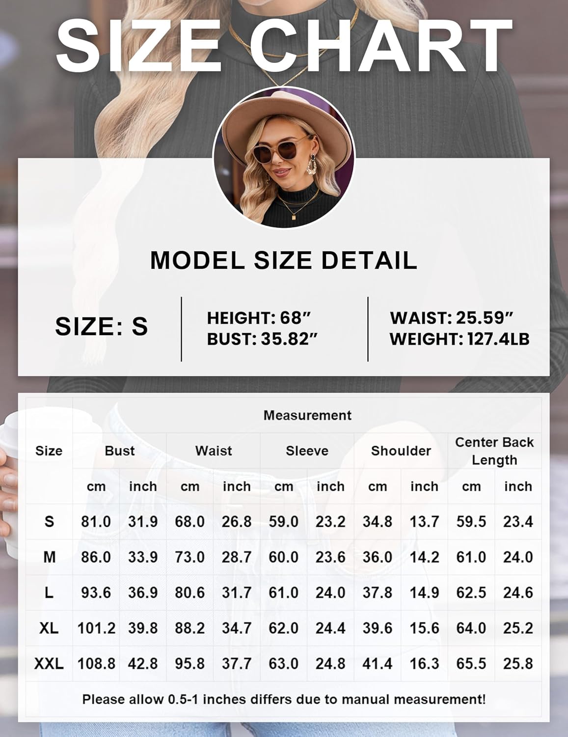 Größentabelle (Size Chart) für Mock Turtleneck Longsleeve, Maße S–XXL