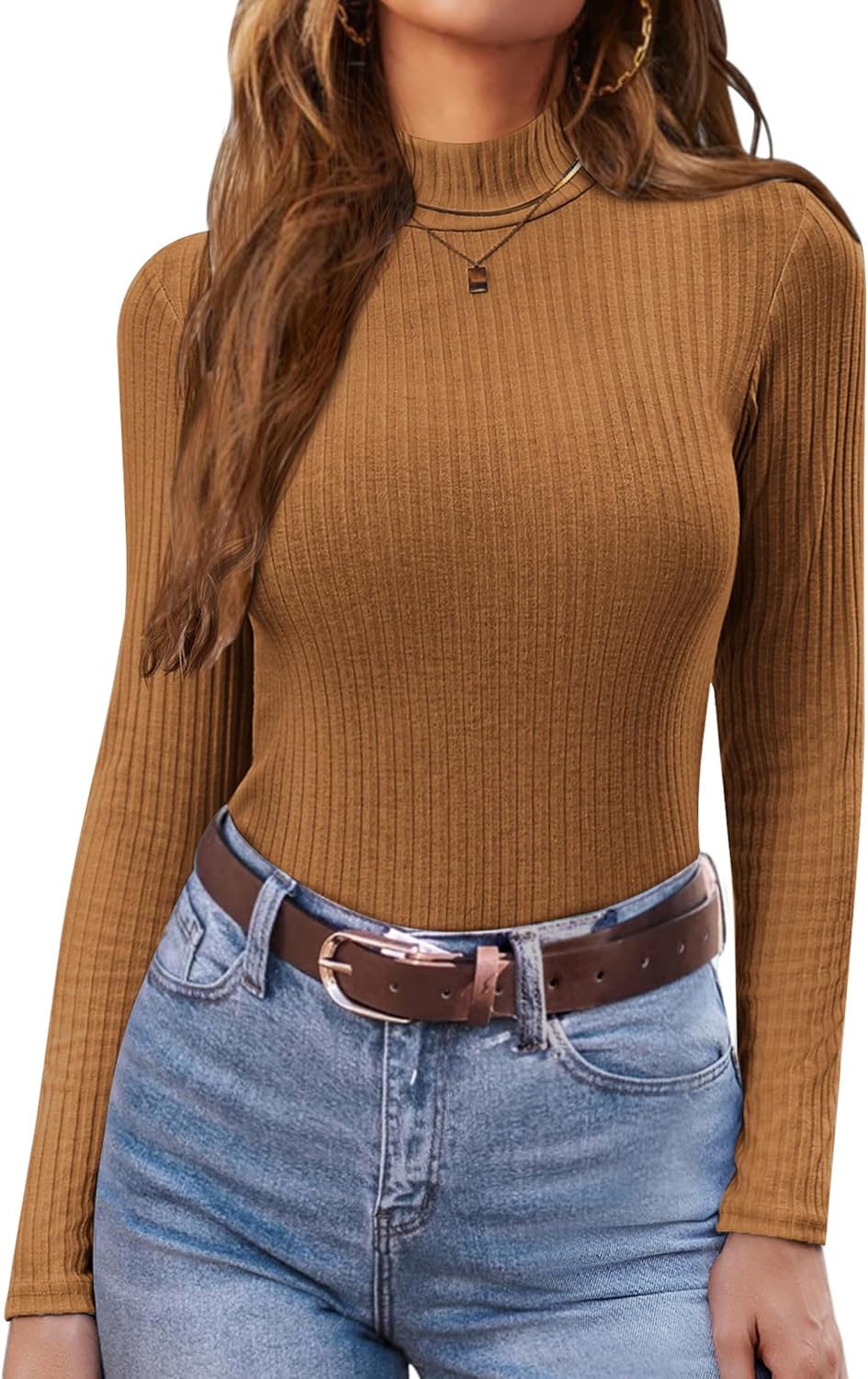 Mock-Turtleneck Longsleeve aus Rippstrick, karamellbraun