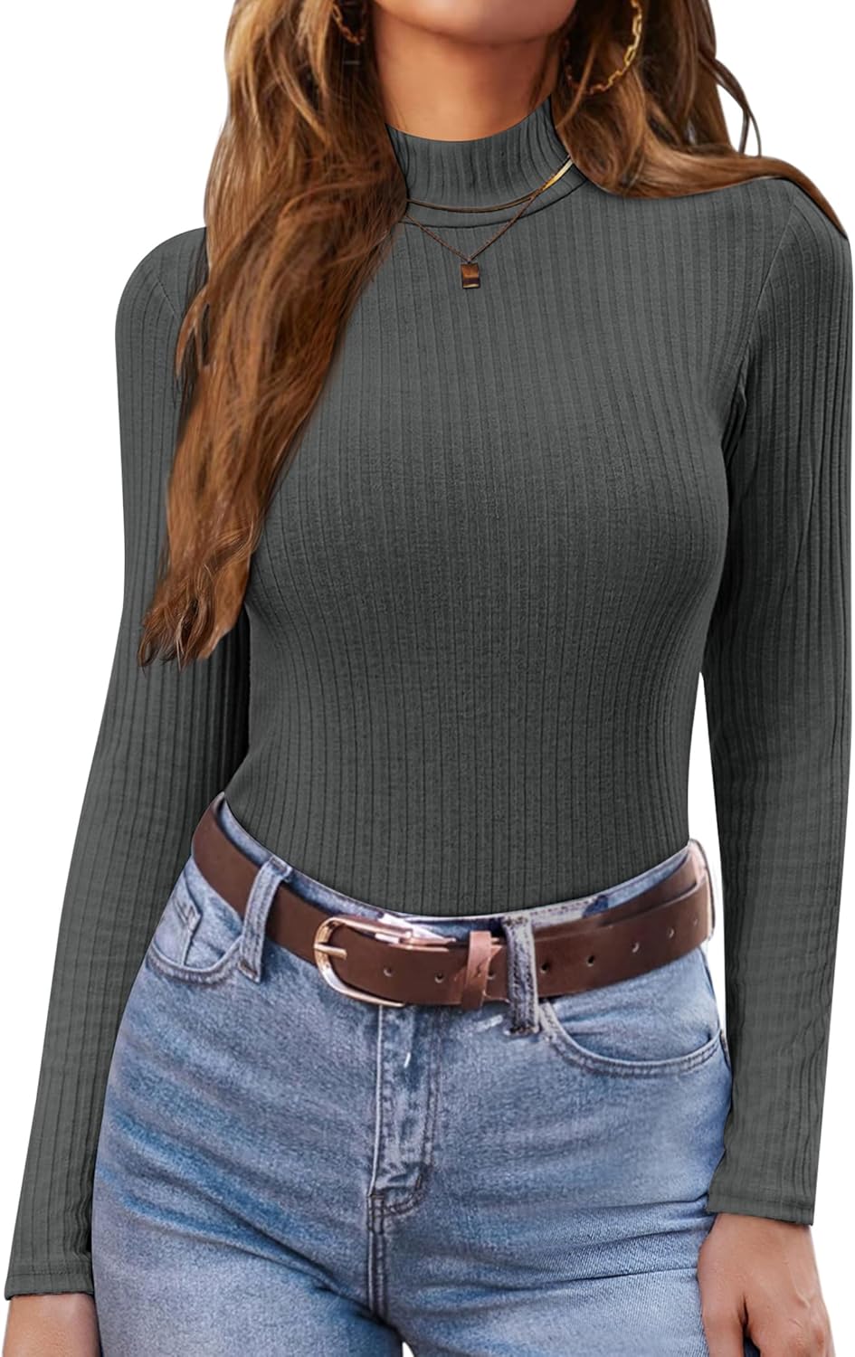 Ribbed mock turtleneck long-sleeve knit top, dark gray