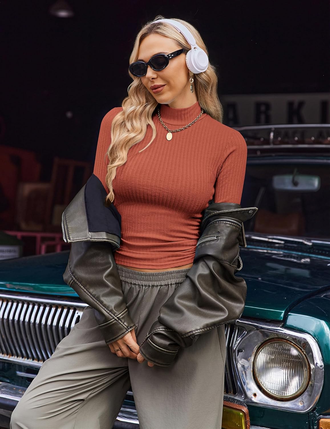 Ribbed mock turtleneck long-sleeve knit top, dusty pink, high neckline