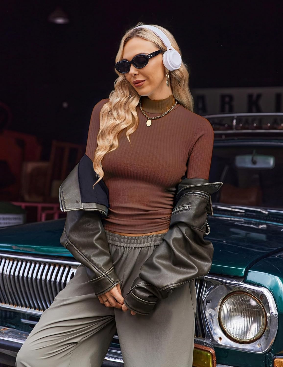 Mock turtleneck ribbed knit long-sleeve top in warm brown