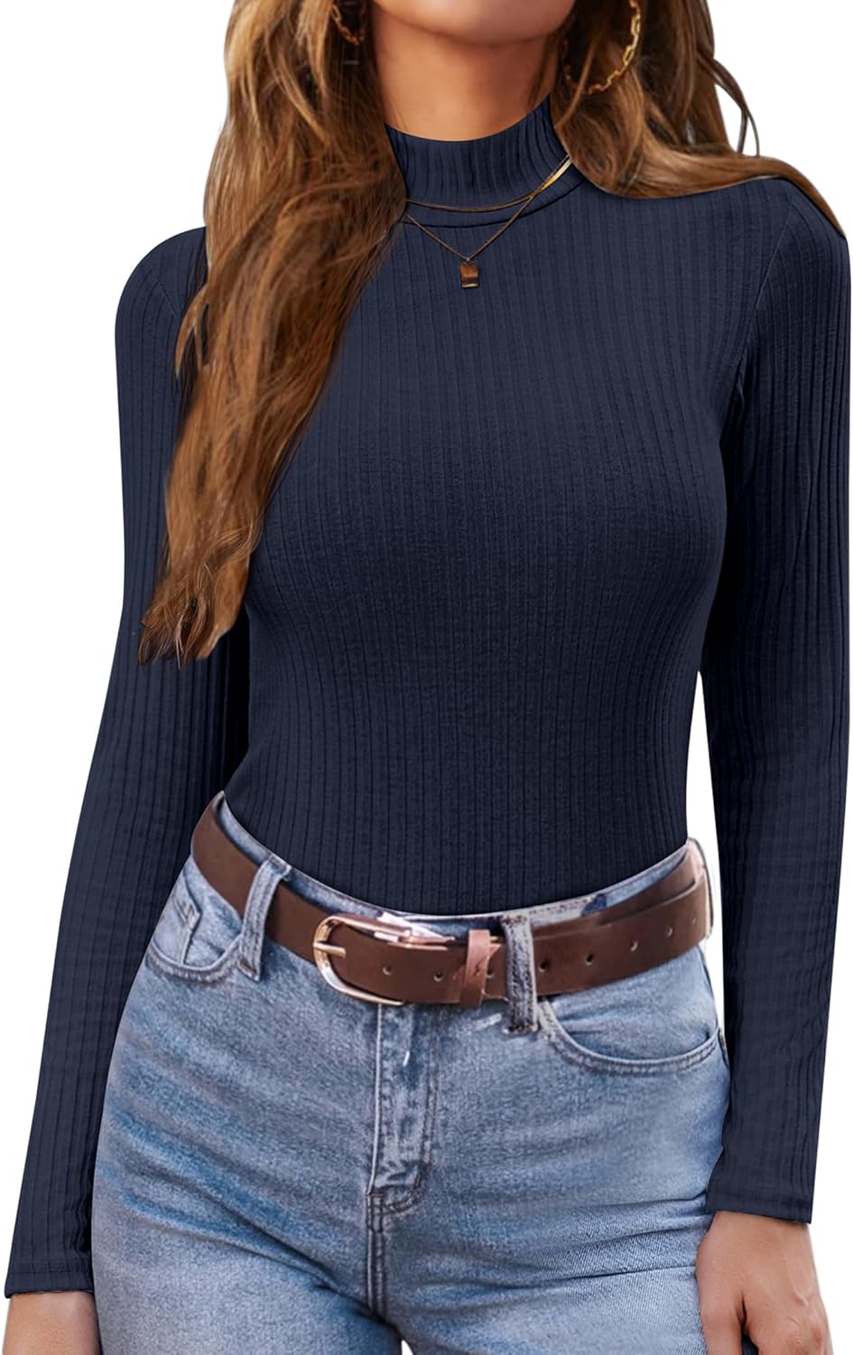 Mock turtleneck ribbed knit long-sleeve top in navy blue